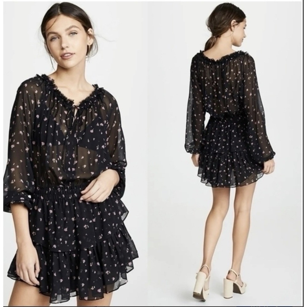 Love Shack Fancy Dress S 100% Silk Popover Dark Floral Ruffle Cottagecore Witchy